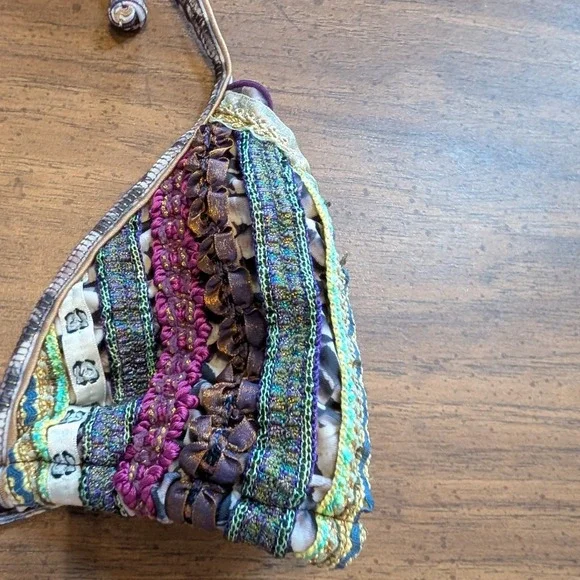 Agua Bendita Bikini Set Small Purple Feather Ribbon Embroidered Brazil Scrunch - Picture 8 of 15